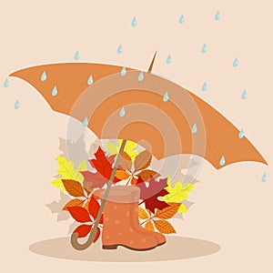 Hello autumn illustration. Autumn fall concept with rain, umbrella, leaves and boots. Typography design. Stock vector