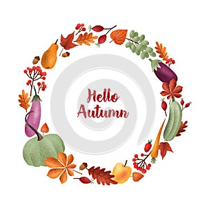 Hello Autumn inscription written with elegant calligraphic script inside round frame or wreath made of seasonal