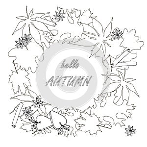 Hello autumn on leaves monochrome banner. Maple oak leaves background. Coloring page art autumn design