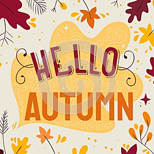 hello autumn lettering background with leaves vector design