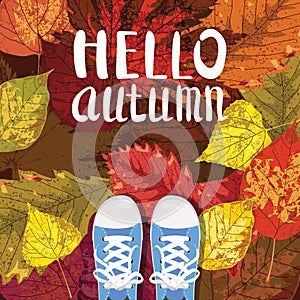 Hello Autumn, Lettering, sneakers, shoes on autumn leaves, autumn leaves, Fall mood, romance, vector, illustration, card