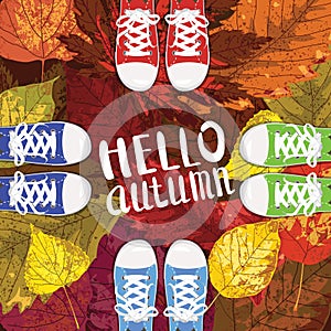 Hello Autumn, Lettering, sneakers, shoes on autumn leaves, autumn leaves, Fall mood, romance, vector, illustration, card