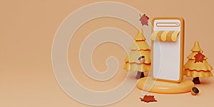 Hello Autumn with phone, leaves, pumpkins, walnut background. 3d Fall leaves for the design of Fall banners, posters