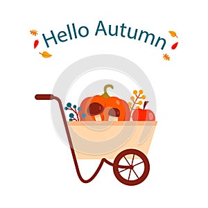 Hello autumn poster. Garden background with wheelbarrow and harvest. Vector illustration.