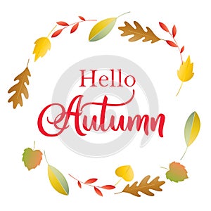 Hello Autumn poster with lettering and colorful foliage for shopping sale banner, promo and leaflet