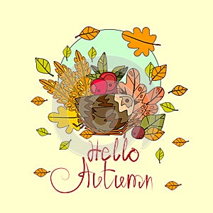 Hello Autumn Season Banner With Hand Draw Lettering Fall Greeting Card