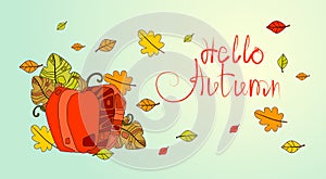 Hello Autumn Season Banner With Hand Draw Lettering Fall Greeting Card