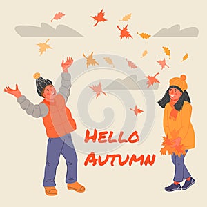 Hello autumn seasonal banner design with happy kidsflat vector