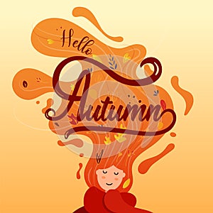 Hello Autumn seasonal card with women, long hair and leaves