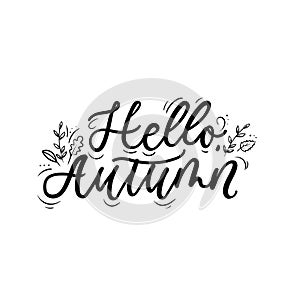 Hello autumn seasonal lettering with leaves