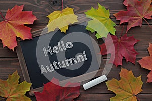 Hello autumn text on chalkboard