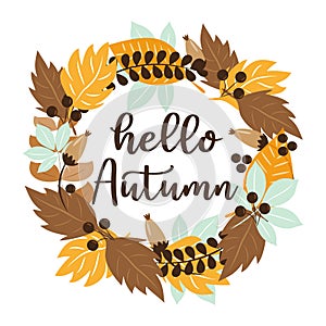 Hello Autumn text, with colorful leaves set, wreath, on white backgrond.