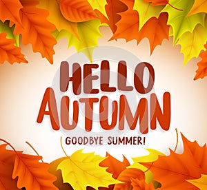 Hello autumn text greetings in vector banner design with colorful maple leaves