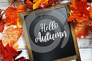 Hello Autumn text message on blackboard with maple leaf decoration on wooden background