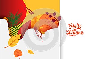 Hello Autumn text poster of September leaf fall or autumnal foliage of maple, oak acorn and elm for shopping sale design or promo