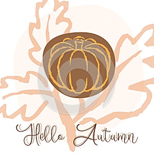 hello autumn theme - pumpkin illustration with autumn leaf