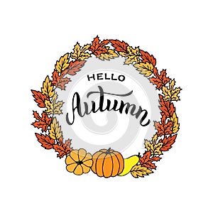 Hello Autumn typography text card. Trendy lettering poster. Nice background sign with leaves and pumpkins. Vector