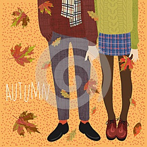 Hello, Autumn. Vector flat illustration of a couple of teenagers and falling autumn leaves. Legs in boots for banners