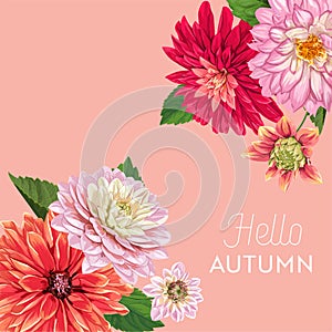 Hello Autumn Watercolor Floral Design with Maple Leaf. Seasonal Fall Banner, Poster, Print, Sale, Promo Template. Autumn