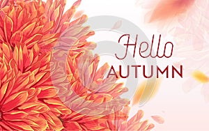 Hello Autumn Watercolor Floral Design with Maple Leaf. Seasonal Fall Banner, Poster, Print, Sale, Promo Template. Autumn