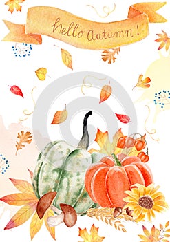 Hello autumn watercolor raster banner, greeting card template