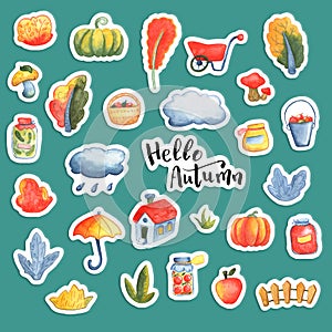 Hello Autumn watercolor sticker set. Autumn themed icons with orange tree, pumpkin, garden cart and umbrella