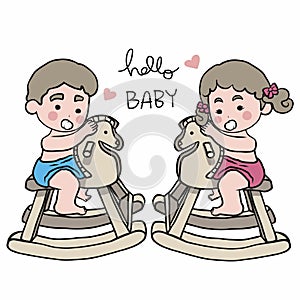 Hello Baby boy and baby girl playing wood riding horse toy cartoon illustration