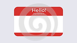 Hello badge name template. Business card identification with name of character attached red badge for presentation.