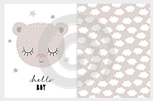 Hello Boy. Baby Shower Illustration with Cute Baby Bear.