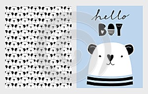 Hello Boy. Cute Hand Drawn Baby Shower Vector Illustrations Set. Blue, White and Black Infantile Design.