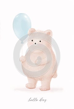 Hello Boy. Funny Fluffy Bear with a Blue Balloon.