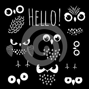 Hello with cartoon owl eyes