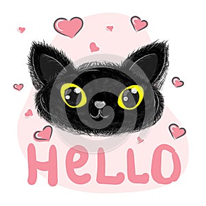Hello cat cute kids print with hearts, kitten T-shirt design for kids clothes