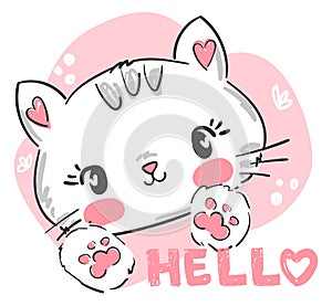 Hello Cat cute kids print Print T-shirt Poster Design For nursery And Kids Clothes Vector illustration