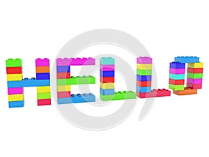 Hello concept built from toy bricks.3d illustration