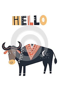 Hello - Cute kids hand drawn nursery poster with cow animal and lettering.