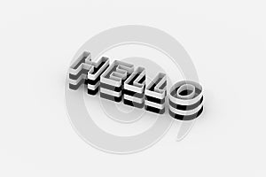 Hello 3D word in black and white stripes, isolated. 3D rendering. Raster.