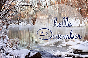 HELLO DECEMBER greeting card. Winter holidays concept