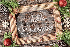 HELLO DECEMBER lettering design. Winter holiday composition.