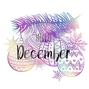 Hello December poster with snowlakes, christmas roys and tree. Motivational print for calendar, glider, invitation cards