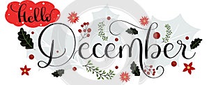 Hello DECEMBER vector. December month with flowers and leaves. Illustration month december