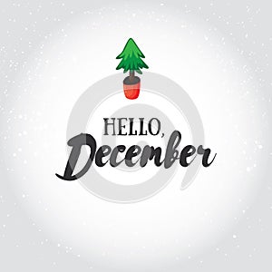 Hello, December! Vector illustrated greeting card template, post card design, invitation, envelopment, poster background with