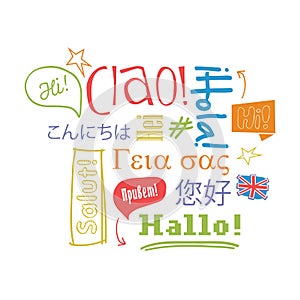 Hello in different languages. Vector illustration.