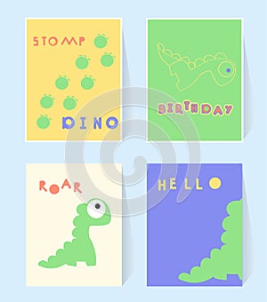 Hello Dino print card for invation birthday party. Dinosaurs stomp, roar. Poster in scandinavian style. Vector illustration
