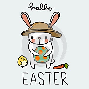 Hello Easter white rabbit holding Easter egg and baby chick friend cartoon