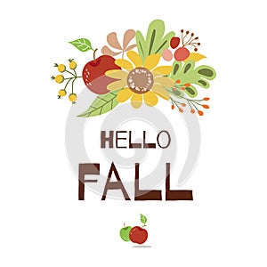 Hello Fall autumn greeting card floral autumn decor sunflower apple Cute hand written banner