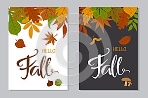 Hello fall autumn posters in a4 format with forest colorful leaves border