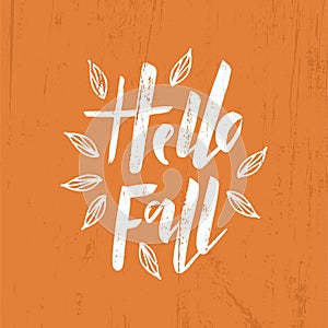 Hello Fall brush hand lettering with autumn leaves