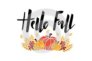 Hello Fall lettering phrase with harvest symbols