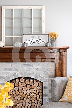Hello fall sign on the mantel - autumn style for the home
